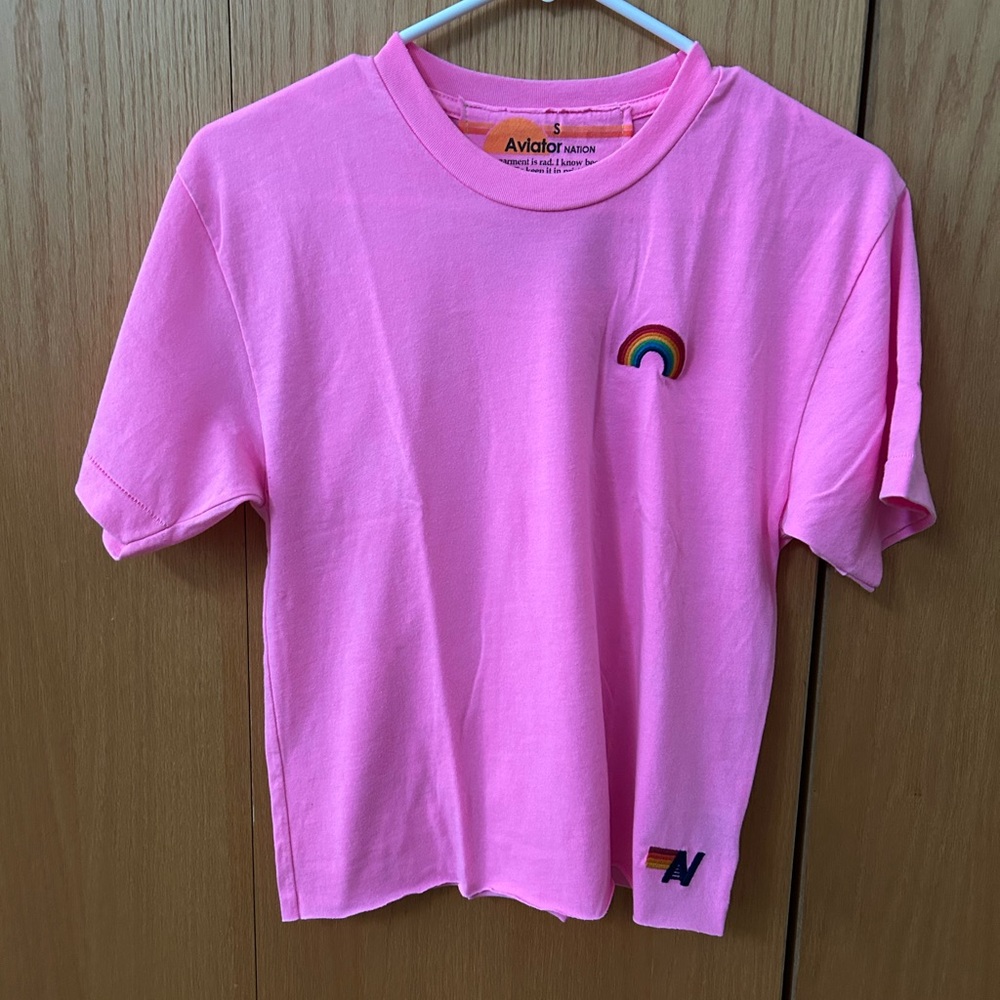 Aviator Nation Rainbow Pink Cropped Tee, short sleeve, like new, super cute 🌈🌈
